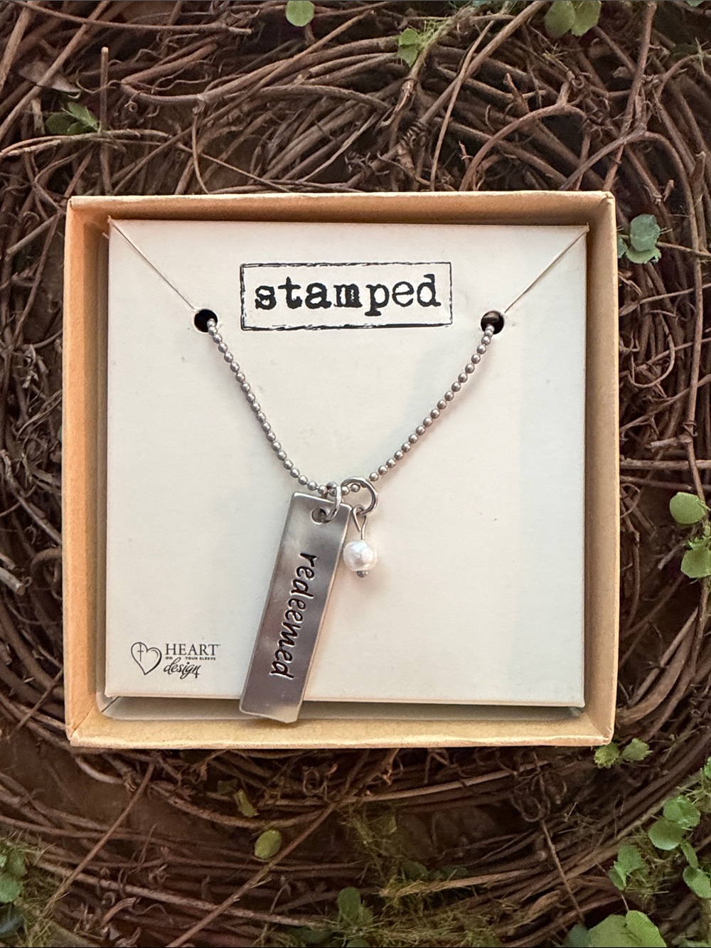 Stamped "Redeemed" Silver Pendant Necklace with Pearl Accent